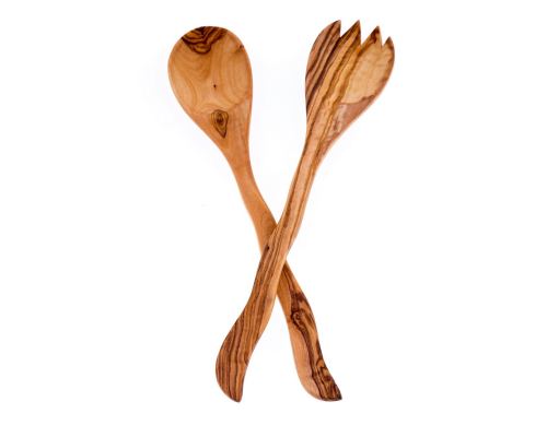 Olive Wood Kitchen Utensils Set of 2 - Handmade Cooking or Serving Wooden Fork & Spoon Set - Curvy Handle Design, Large 12.6" (32cm)