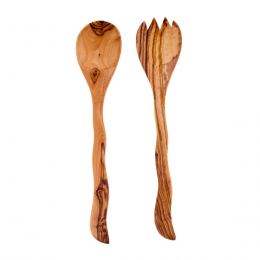 Olive Wood Kitchen Utensils Set of 2 - Handmade Cooking or Serving Wooden Fork & Spoon Set - Curvy Handle Design, Large 12.6" (32cm)