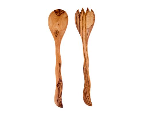 Olive Wood Kitchen Utensils Set of 2 - Handmade Cooking or Serving Wooden Fork & Spoon Set - Curvy Handle Design, Large 12.6" (32cm)