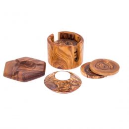 Olive Wood Set of Hexagon Ashtray, Round Tea Light Candle Holder & Round Set of 6 Drink Serving Coasters with Holder