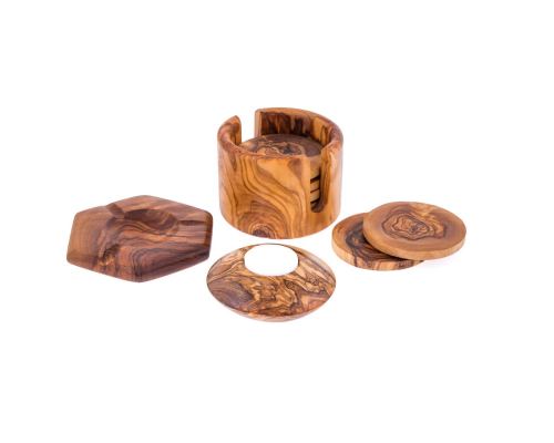 Olive Wood Set of Hexagon Ashtray, Round Tea Light Candle Holder & Round Set of 6 Drink Serving Coasters with Holder