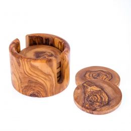 Olive Wood Set of Hexagon Ashtray, Round Tea Light Candle Holder & Round Set of 6 Drink Serving Coasters with Holder