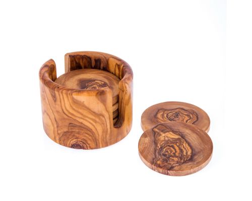 Olive Wood Set of Hexagon Ashtray, Round Tea Light Candle Holder & Round Set of 6 Drink Serving Coasters with Holder