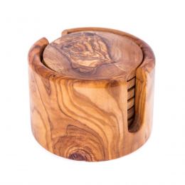 Olive Wood Set of Hexagon Ashtray, Round Tea Light Candle Holder & Round Set of 6 Drink Serving Coasters with Holder