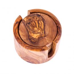 Olive Wood Set of Hexagon Ashtray, Round Tea Light Candle Holder & Round Set of 6 Drink Serving Coasters with Holder