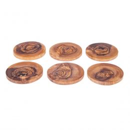 Olive Wood Set of Hexagon Ashtray, Round Tea Light Candle Holder & Round Set of 6 Drink Serving Coasters with Holder