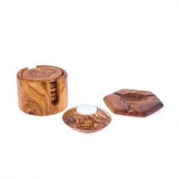 Olive Wood Set of Hexagon Ashtray, Round Tea Light Candle Holder & Round Set of 6 Drink Serving Coasters with Holder