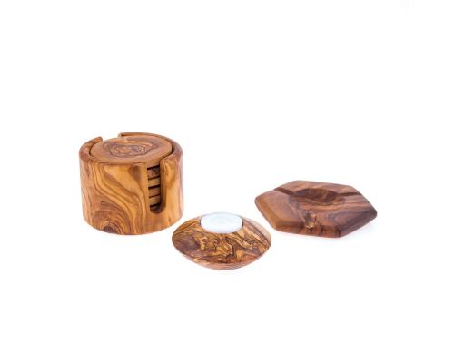 Olive Wood Set of Hexagon Ashtray, Round Tea Light Candle Holder & Round Set of 6 Drink Serving Coasters with Holder