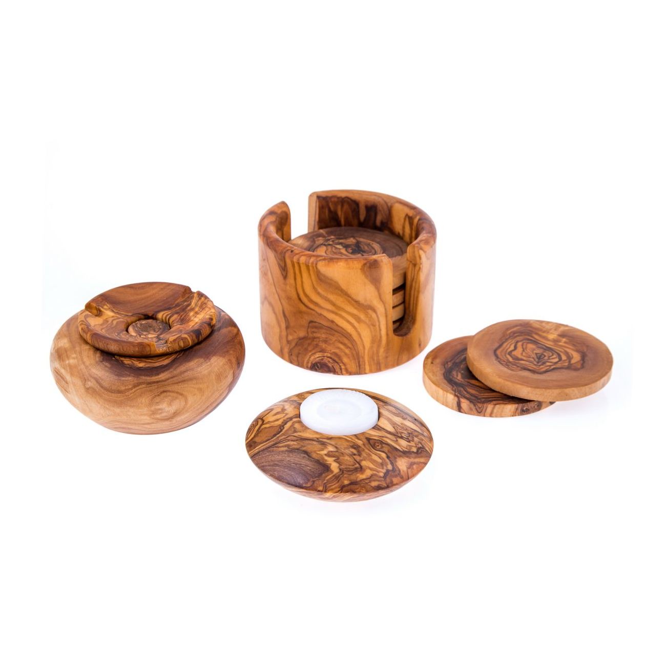 Olive Wood Set of Round Ashtray with Cover, Round Tea Light Candle