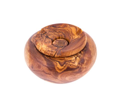 Olive Wood Set of Round Ashtray with Cover, Round Tea Light Candle Holder & Round Set of 6 Drink Serving Coasters with Holder