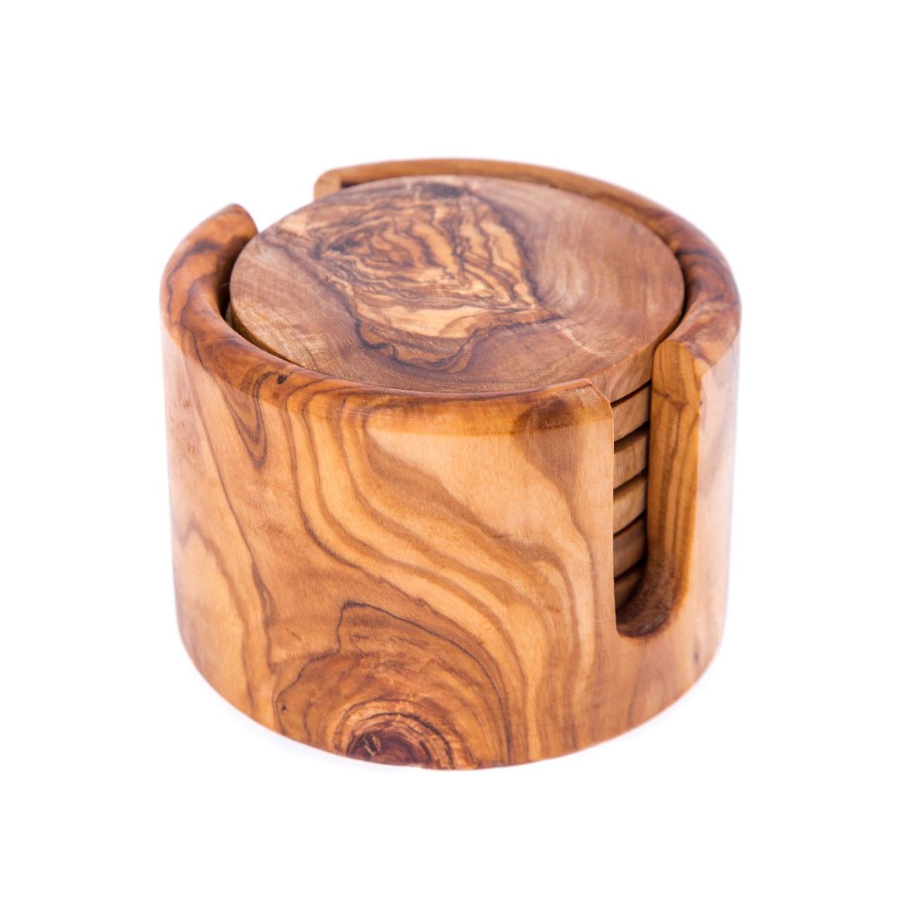 Olive Wood Set of Round Ashtray with Cover, Round Tea Light Candle