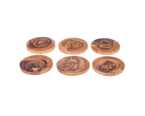 Olive Wood Set of Round Ashtray with Cover, Round Tea Light Candle Holder & Round Set of 6 Drink Serving Coasters with Holder