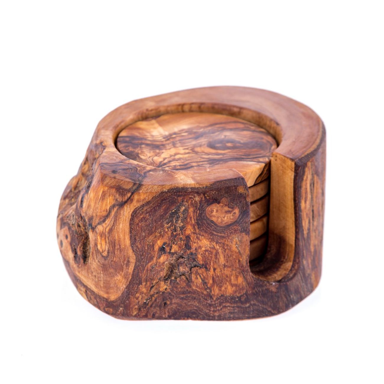 Olive Wood Set of Rustic Round Ashtray, Olive Branch 3 Tea Light Candle