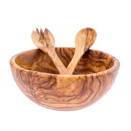 Olive Wood Bowl & Serving Utensils Set, Handmade Wooden Salad Serving Bowl with Long Spoon & Fork