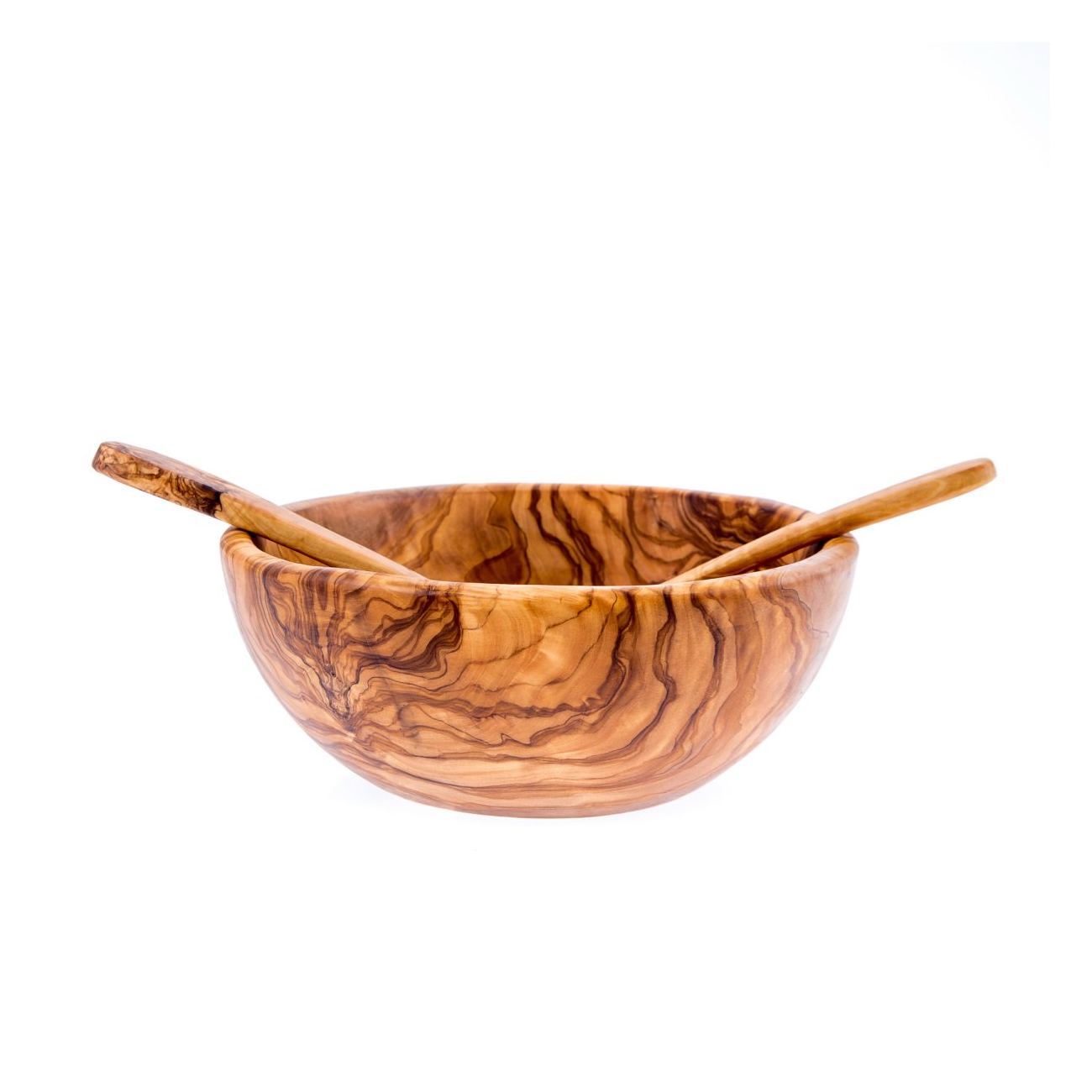 Olive Wood Bowl & Serving Utensils Set, Handmade Wooden Salad Serving Bowl  with Long Spoon & Fork