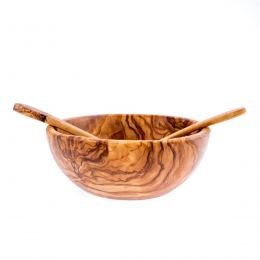 Olive Wood Bowl & Serving Utensils Set, Handmade Wooden Salad Serving Bowl with Long Spoon & Fork