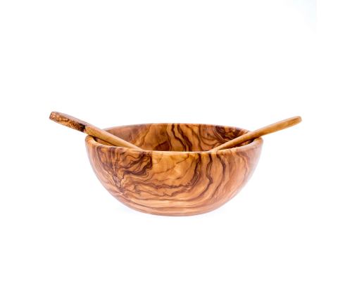 Olive Wood Bowl & Serving Utensils Set, Handmade Wooden Salad Serving Bowl with Long Spoon & Fork