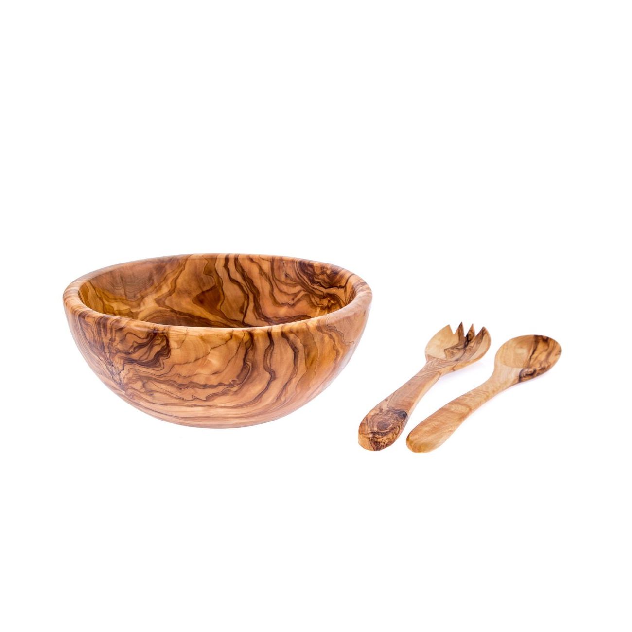 Olive Wood Bowl & Serving Utensils Set, Handmade Wooden Salad Serving