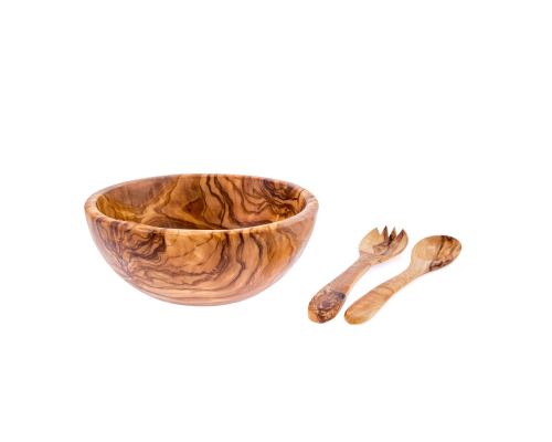 Olive Wood Bowl & Serving Utensils Set, Handmade Wooden Salad Serving Bowl with Long Spoon & Fork