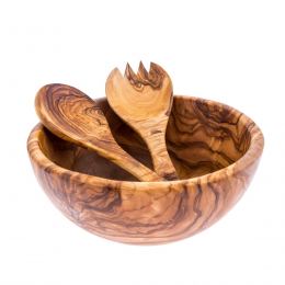 Olive Wood Bowl & Serving Utensils Set, Handmade Wooden Salad Serving Bowl with Wide Spoon & Fork