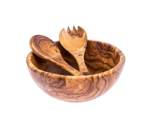 Olive Wood Bowl & Serving Utensils Set, Handmade Wooden Salad Serving Bowl with Wide Spoon & Fork