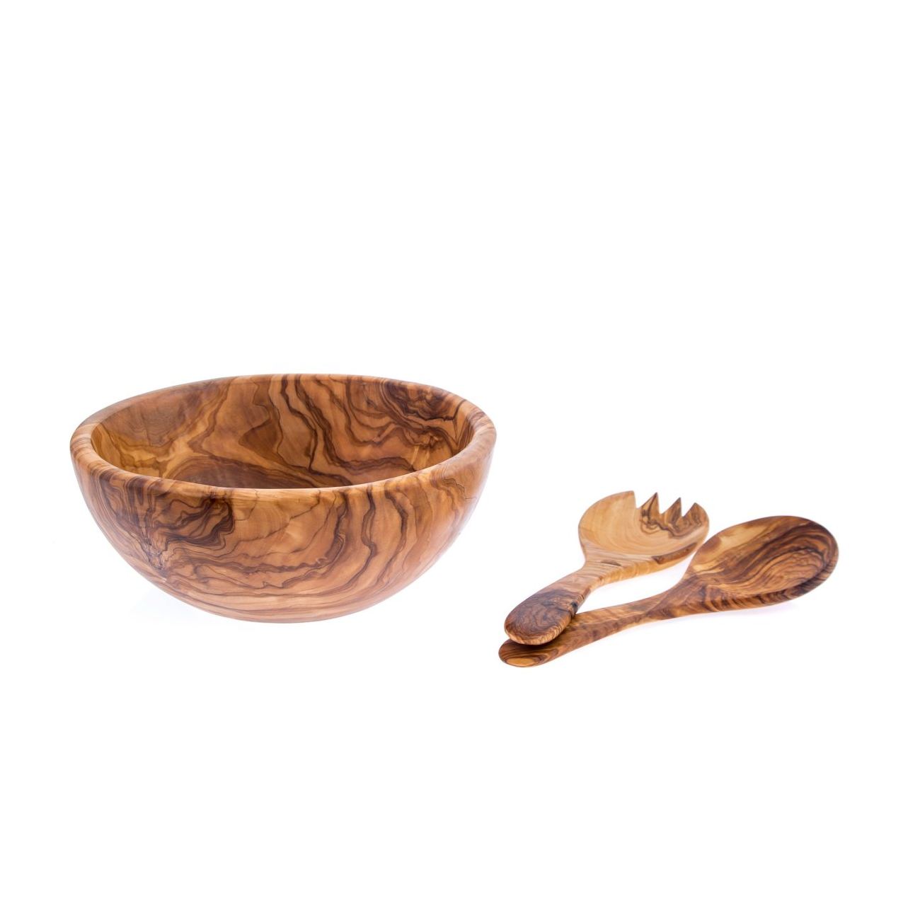 Olive Wood Bowl & Serving Utensils Set, Handmade Wooden Salad Serving