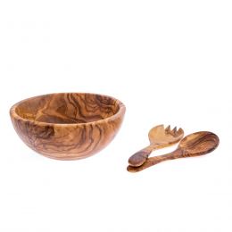 Olive Wood Bowl & Serving Utensils Set, Handmade Wooden Salad Serving Bowl with Wide Spoon & Fork