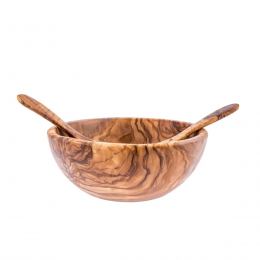 Olive Wood Bowl & Serving Utensils Set, Handmade Wooden Salad Serving Bowl with Wide Spoon & Fork