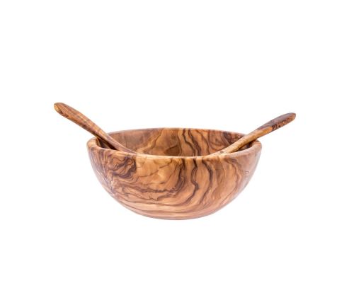 Olive Wood Bowl & Serving Utensils Set, Handmade Wooden Salad Serving Bowl with Wide Spoon & Fork