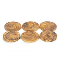 Olive Wood Drink Serving Coasters Handmade, Wooden Drink Coasters Set of 6 with Holder