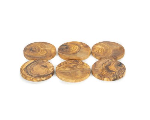 Olive Wood Drink Serving Coasters Handmade, Wooden Drink Coasters Set of 6 with Holder