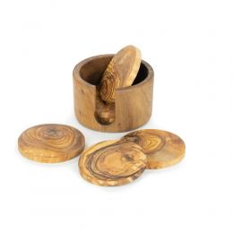 Olive Wood Drink Serving Coasters Handmade, Wooden Drink Coasters Set of 6 with Holder 