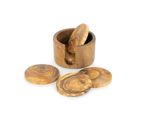 Olive Wood Drink Serving Coasters Handmade, Wooden Drink Coasters Set of 6 with Holder 