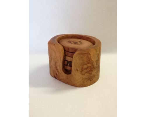 Olive Wood Serving Accessories Handmade, Wooden Rustic Drink Coasters Set of 6 with Holder 7