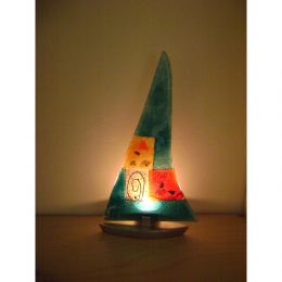 Tealight Candle Holder, Handmade Fused Glass Decorative Ornament, Sailboat Aqua Blue Design 24cm (9.4")