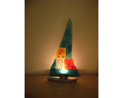 Tealight Candle Holder, Handmade Fused Glass Decorative Ornament, Sailboat Aqua Blue Design 24cm (9.4")