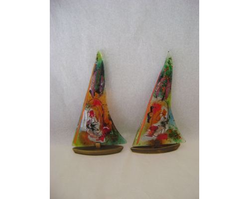 Tealight Candle Holder, Handmade Fused Glass Decorative Ornament, Sailboat Orange Green Design 24cm (9.4")