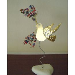 Bird Figure & Colorful Beads - Handmade Modern Metal Table Ornament, Gold Color 9.8" (25cm)