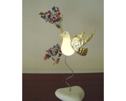 Bird Figure & Colorful Beads - Handmade Modern Metal Table Ornament, Gold Color 9.8" (25cm)