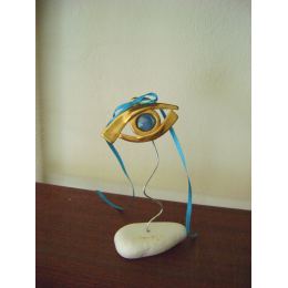 Golden Eye - Lucky Charm, Handmade Ornament, Bronze Metal, Gold with Blue Ribbon