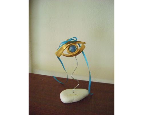 Golden Eye - Lucky Charm, Handmade Ornament, Bronze Metal, Gold with Blue Ribbon