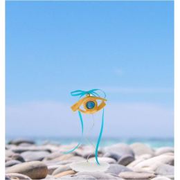 Golden Eye - Lucky Charm, Handmade Ornament, Bronze Metal, Gold with Blue Ribbon