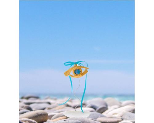 Golden Eye - Lucky Charm, Handmade Ornament, Bronze Metal, Gold with Blue Ribbon