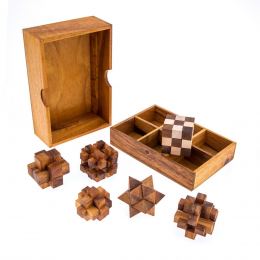 Set of 6 3D Brain Teaser Games - Handmade in a Wooden Box - Mind Puzzles