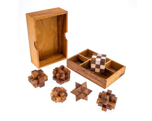 Set of 6 3D Brain Teaser Games - Handmade in a Wooden Box - Mind Puzzles