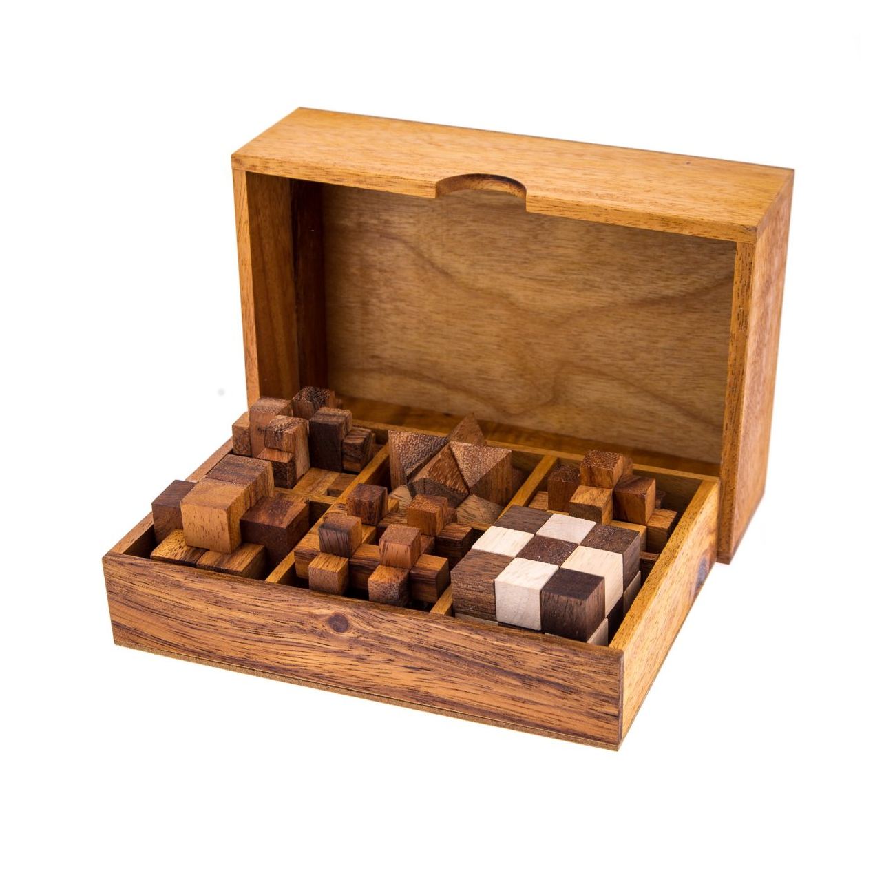 Set of 6 3D Brain Teaser Games Handmade in a Wooden Box Mind Puzzles