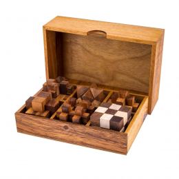 Set of 6 3D Brain Teaser Games - Handmade in a Wooden Box - Mind Puzzles