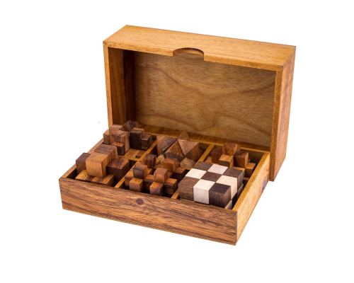 Set of 6 3D Brain Teaser Games - Handmade in a Wooden Box - Mind Puzzles