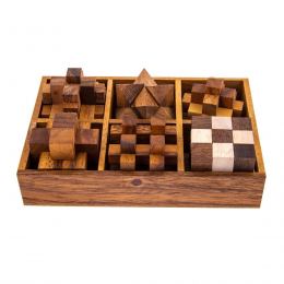 Set of 6 3D Brain Teaser Games - Handmade in a Wooden Box - Mind Puzzles