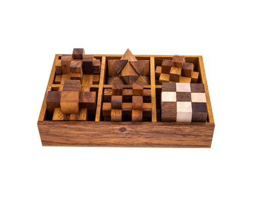 Set of 6 3D Brain Teaser Games - Handmade in a Wooden Box - Mind Puzzles